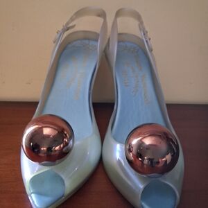 Vivienne Westwood Mint Blue Slingback Peep-Toe Flats with Rose Gold Orb